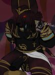 2020 ankh ankh_piercing anthro anubis arm_markings ball_markings balls big_balls big_penis black_body black_hair canid canine canis chaosdraws chest_markings clothing deity dialogue digital_drawing_(artwork) digital_media_(artwork) dreadlocks egyptian egyptian_clothing egyptian_mythology empty_eyes english_text erection genital_markings genitals glans glowing glowing_eyes hair hands_behind_back hi_res humanoid_genitalia humanoid_penis jackal kneeling leg_markings male male_anthro mammal markings middle_eastern_mythology mythology penis penis_markings red_sclera solo text thigh_markings