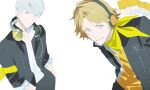  2boys absurdres black_jacket black_pants brown_eyes brown_hair closed_mouth grey_hair hanamura_yousuke hands_in_pockets headphones headphones_around_neck highres jacket male_focus multiple_boys narukami_yu pants persona persona_4 quansiwang school_uniform shirt short_hair simple_background t-shirt white_background white_shirt yasogami_school_uniform 