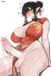  1girl arm_support artist_name bare_arms bare_legs black_choker black_hair black_nails blush breasts breasts_apart chinese_clothes choker clothing_aside collared_shrug covered_navel covered_nipples cum cum_on_body cum_on_legs cum_on_self dragon_print dress dress_aside ejaculation feet_out_of_frame fingernails from_side futanari futanari_masturbation gold_trim grey_eyes groin hair_bun hair_ribbon heart heavy_breathing highleg highleg_dress highres huge_breasts huge_penis lewd_dimension long_dress looking_at_viewer masturbation no_panties original parted_lips penis plunging_neckline pointy_ears projectile_cum red_dress red_ribbon ribbon scar scar_on_arm scar_on_leg scar_on_neck sharp_fingernails shiny_skin shrug_(clothing) sidelocks signature simple_background sitting skindentation solo stomach strapless strapless_dress sweat testicles thick_thighs thighs trembling white_background 