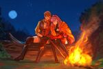 2girls black_boots bonfire boots branch breasts cleavage closed_eyes closed_mouth earrings fire fire_emblem fire_emblem:_three_houses full_moon grass head_on_another's_shoulder highres hilda_valentine_goneril hilda_valentine_goneril_(timeskip) holding holding_branch jewelry knee_boots large_breasts leonie_pinelli leonie_pinelli_(timeskip) long_hair moon multiple_girls night orange_eyes orange_hair pink_hair sethkiel sitting sitting_on_log sky sleeping sleeping_upright smile star_(sky) starry_sky thigh_boots yuri 