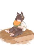  1girl absurdres aged_down animal_ear_fluff animal_ears barefoot black_hair black_pants commentary eating feet food fox_ears fox_girl fruit highres holding holding_food hoshimi_miyabi looking_at_viewer melon pants red_eyes shirt short_hair sitting soles solo sorandandu toes white_shirt zenless_zone_zero 