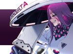  1girl character_name cracked_face cyborg egovista_(nikke) evil_grin evil_smile extra_eyes goddess_of_victory:_nikke grin hat highres holding holding_sword holding_weapon jingasa long_hair mechanical_eyes mechanical_neck moori_illus profile purple_eyes smile solo sword too_many_eyes upper_body weapon 