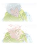  1boy absurdres border clear_(dramatical_murder) closed_eyes dramatical_murder facing_viewer gloves hair_between_eyes highres holding holding_umbrella jacket male_focus quansiwang scarf short_hair simple_background solo umbrella white_background white_border white_gloves white_hair white_jacket 