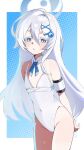  1girl arm_strap blue_archive blue_background blue_eyes blue_halo blue_ribbon blush border colored_eyelashes covered_navel detached_collar flat_chest hair_between_eyes hair_ornament halo highleg highleg_one-piece_swimsuit highres kan2zit long_hair looking_at_viewer multicolored_eyes one-piece_swimsuit orca_hair_ornament ribbon sayuri_(blue_archive) simple_background solo swimsuit white_border white_eyelashes white_hair white_one-piece_swimsuit x_hair_ornament 