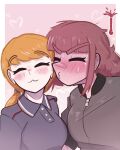  2girls absurdres black_shirt blonde_hair blue_shirt blunt_bangs blush breasts brown_hair closed_eyes couple embarrassed fluffkaiser highres hooligan_(fluffkaiser) imminent_kiss long_hair medium_breasts multiple_girls nervous_sweating original pink_background policewoman_(fluffkaiser) polo_shirt ponytail pursed_lips shirt sidelocks smile sweat sweatdrop upper_body yuri zipper_pull_tab 