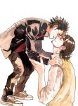  2boys azumane_asahi black_hair black_pants brown_hair closed_eyes closed_mouth commentary_request converse dress_shirt ee_(ekk1mukk) face-to-face facial_hair full_body gakuran goatee_stubble haikyuu!! hair_bun male_focus multiple_boys nishinoya_yuu pants red_shirt school_uniform shirt short_hair simple_background single_hair_bun standing stubble sweater_vest vest white_background white_shirt yaoi 