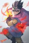  1boy arm_strap black_hair blue_tunic blurry blurry_foreground brown_eyes brown_gloves cape circlet commentary_request dragon_quest dragon_quest_iii fire floating_cape foot_out_of_frame gloves hero_(dq3) highres leg_up looking_at_viewer male_focus orange_pants orange_shirt pants purple_cape rei_(teponea121) roto_(dq3) shirt short_hair solo spiked_hair standing tunic twitter_username watermark 