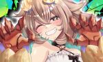  1girl :d ;d abstract_background aqua_hair bare_shoulders black_bow black_choker blonde_hair blurry blurry_foreground blush bow cardigan cardigan_partially_removed choker claw_pose colored_inner_hair commentary_request cowlick criss-cross_halter crossed_bangs dragon_claw dragon_girl dragon_horns dress dress_bow fang grin hair_between_eyes halter_dress halterneck highres horn_bow horn_ornament horns long_hair long_sleeves maximum_pamyu multicolored_hair one_eye_closed padlocked_choker phase_connect portrait purple_bow red_claws red_eyes red_scales sidelocks skin_fang sleeveless sleeveless_dress smile solo sparkle star-shaped_pupils star_(symbol) starry_hair symbol-shaped_pupils teeth utatane_nasa utatane_nasa_(nasa_2.0) variant_set white_dress yellow_cardigan yellow_horns yellow_pupils 