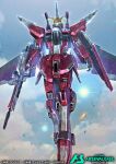  arm_shield beam_rifle commentary_request company_name copyright_logo copyright_name copyright_notice energy_gun eye_trail glowing glowing_eyes green_eyes gun gundam gundam_arsenal_base gundam_seed gundam_seed_destiny holding holding_gun holding_weapon infinite_justice_gundam justice_gundam light_trail logo mecha mecha_focus mobile_suit no_humans official_art robot science_fiction solo taka-f v-fin weapon 