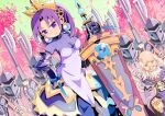  1girl 6+boys armor beard breasts cleavage closed_mouth commentary_request dress dunford_(sekaiju) earrings facial_hair gauntlets helmet high_lagaard_no_koujo_(sekaiju) holding holding_sword holding_weapon jewelry large_earrings layered_dress looking_at_viewer medium_breasts medium_hair multiple_boys old old_man outdoors planted planted_sword purple_eyes purple_hair sekaiju_no_meikyuu sekaiju_no_meikyuu_2 soldier sword tansan3 weapon white_hair 