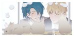  2boys absurdres animal black_jacket blue_hair blush border brown_hair closed_mouth dramatical_murder dress_shirt facing_another green_eyes grey_jacket highres jacket long_hair looking_at_another male_focus multiple_boys necktie noiz_(dramatical_murder) parted_lips quansiwang rabbit red_necktie seragaki_aoba shirt short_hair simple_background teeth white_background white_border white_shirt 