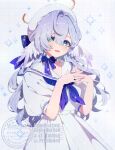  1girl alternate_costume beret blue_bow blue_bowtie blue_neckerchief bow bowtie commentary_request dated dress green_eyes hair_between_eyes hair_intakes halo hat head_wings honkai:_star_rail honkai_(series) interlocked_fingers light_blush long_hair looking_at_viewer mamyouda neckerchief own_hands_together parted_lips robin_(honkai:_star_rail) sailor_collar sailor_dress sidelocks smile solo watermark white_dress white_hat white_sailor_collar wings 