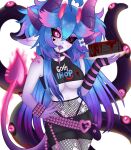  1girl @_@ absurdres ahoge belt blue_hair blue_skin bracelet breasts cake clothes_writing collar colored_skin commentary demon_girl demon_horns english_commentary femboy_hooters_(meme) food gothic_punk hair_ornament heterochromia highres horns ihop indie_virtual_youtuber jewelry large_breasts meme plaguebby purple_horns solo spiked_collar spikes studded_belt studded_bracelet studs tentacle_girl tentacles virtual_youtuber x_eye 