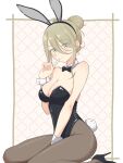  1girl :o absurdres alternate_costume animal_ear_hairband animal_ears bare_shoulders black_leotard black_shoes blonde_hair blush border breasts collarbone commentary_request detached_collar fake_animal_ears fake_tail finger_to_mouth full_body grey_pantyhose grid_background hair_between_eyes hair_bun hairband hand_up high_heels highres index_finger_raised large_breasts leotard long_hair_between_eyes looking_at_viewer make_heroine_ga_oo_sugiru! mitoka000 official_alternate_hairstyle outside_border pantyhose playboy_bunny rabbit_ear_hairband rabbit_ears rabbit_tail sanpaku shikiya_yumeko shoes solo strapless strapless_leotard tail white_border white_wrist_cuffs wrist_cuffs yellow_eyes 