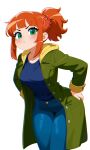  1girl absurdres anger_vein blue_pants blue_shirt blush breasts coat commentary cowboy_shot denim english_commentary green_eyes grey_coat highres hood hood_down jean_grey jeans leaning_forward marvel medium_breasts mochi_(somniserotonin) orange_hair pants ponytail pout shirt simple_background solo spider-man:_brand_new_day spider-man_(series) white_background 