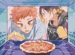  2boys adam's_apple black_hair black_hoodie blonde_hair commentary_request drooling food gloves haikyuu!! highres hinata_shouyou hood hood_down hoodie kozume_kenma male_focus maritheghosthq multicolored_hair multiple_boys orange_hair pie short_hair two-tone_hair 