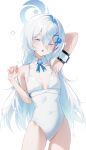  1girl absurdres arm_strap armpits blue_archive blue_eyes blue_halo blue_ribbon blush breasts claw_pose colored_eyelashes commentary cowboy_shot detached_collar dolphin_hair_ornament green_eyes hair_between_eyes hair_ornament halo highres limi_(li_mi_0) long_hair long_single_sidelock looking_at_viewer multicolored_eyes one-piece_swimsuit open_mouth orca_hair_ornament ribbon sayuri_(blue_archive) small_breasts solo swimsuit white_eyelashes white_hair white_one-piece_swimsuit x_hair_ornament 