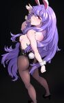  1girl absurdres animal_ears ass back black_background black_leotard black_shoes blush breasts closed_mouth commentary embarrassed from_side fujiyu_(zzvjclkycrnfri6) hand_up highres legs leotard long_hair looking_at_viewer looking_to_the_side medium_breasts pantyhose playboy_bunny purple_hair rabbit_ears rabbit_girl rabbit_tail red_eyes reisen_udongein_inaba shoes sideboob solo tail thighs touhou very_long_hair wavy_mouth wrist_cuffs 