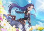  1girl ahoge bare_shoulders black_leotard blue_sky cloud commentary_request field fingerless_gloves flower flower_field from_behind gloves hairband highres leotard long_hair long_skirt long_sleeves looking_at_viewer looking_back petals purple_gloves purple_hair purple_skirt red_eyes red_hairband skirt sky smile solo sword_art_online t_(05101203) teeth very_long_hair yuuki_(sao) 