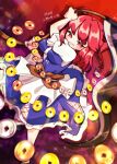  1girl absurdres apron blue_dress breasts brown_sash coin commentary_request dress grin hair_bobbles hair_ornament highres holding holding_scythe komugi_zora large_breasts long_hair obi onozuka_komachi red_eyes red_hair sash scythe smile solo standing standing_on_one_leg touhou two_side_up waist_apron white_apron 