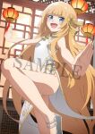  1girl artist_request ass bare_legs blonde_hair blue_eyes blunt_bangs blush breasts chinese_clothes day dress fang floral_print from_below gold_trim grey_sandals hair_ornament highres indoors lantern long_hair looking_at_viewer marie_fou_lovan merchandise_available official_alternate_costume official_art open_mouth otome_gee_sekai_wa_mob_ni_kibishii_sekai_desu paper_lantern platform_sandals qipao sample_watermark sandals second-party_source side_slit sleeveless sleeveless_dress small_breasts smile solo standing standing_on_one_leg upper_body very_long_hair watermark white_dress 