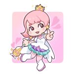  1girl :3 bead_necklace beads blush blush_stickers boots brown_eyes chibi chibi_only coattails commentary crown dove_(o3ohi) dress earrings english_commentary eyelashes frills full_body heart heart-shaped_pupils heart_necklace highres holding holding_wand jewelry magical_girl necklace o3ohi open_mouth original outline pink_hair pink_thighhighs puffy_short_sleeves puffy_sleeves short_hair short_sleeves smile solo sparkle standing standing_on_one_leg symbol-shaped_pupils tailcoat thighhighs v wand white_boots white_dress white_outline 