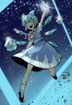  1girl :d absurdres arm_up black_shoes blue_bow blue_eyes blue_hair blue_skirt blue_vest blush bow bowtie chenwei_jun chinese_commentary cirno collared_shirt commentary_request frozen_frog full_body glowing glowing_eyes glowing_hand hair_bow highres ice ice_wings light_particles midriff_peek open_mouth red_bow red_bowtie shirt shoes short_hair short_sleeves skirt smile socks solo teeth touhou upper_teeth_only vest white_shirt white_socks wings 