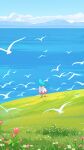  1girl artist_name blue_hair blue_sky cloak cloud commentary day english_commentary facing_away floating_hair flock flower from_behind grass highres huhv. long_hair mountainous_horizon ocean original outdoors pink_flower red_cloak red_shoes scenery shoes simple_bird sky solo standing two-tone_cloak very_long_hair white_cloak white_flower wide_shot 