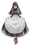  1girl absurdres apron black_hair boots breasts brown_boots closed_eyes closed_mouth crossed_legs dress facing_viewer frilled_dress frills full_body gloves highres holding_own_dress jfjf long_hair long_sleeves maid maid_headdress medium_breasts original puffy_long_sleeves puffy_sleeves solo standing transparent_background voice_drama_available watson_cross white_apron white_gloves 