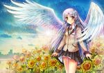  angel_beats! angel_wings blazer city cloud fingernails flower hands jacket lavender_hair light_rays long_hair long_sleeves pleated_skirt pony_(artist) school_uniform signature skirt skirt_lift sky solo sunbeam sunflower sunlight tenshi_(angel_beats!) wings yellow_eyes 