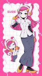  1girl absurdres black_bodysuit blue_eyes blush bodysuit breasts character_name closed_mouth commentary_request dual_persona grid_background headphones high_heels highres hood hood_up hooded_shirt humanization humanoid_and_humanization kirby:_planet_robobot kirby_(series) koshianpancake long_hair long_skirt looking_at_viewer pink_hair puffy_short_sleeves puffy_sleeves shirt shoes short_sleeves skirt small_breasts smile susie_(kirby) white_shirt yellow_shoes 