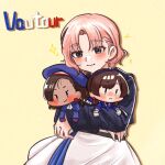  1girl algerie_(kancolle) character_doll character_name commentary_request country_connection doll dress grey_eyes highres holding holding_doll jacket kantai_collection long_sleeves mogador_(kancolle) mole mole_under_eye pink_hair short_hair simple_background sparkle syusankusu vautour_(kancolle) yellow_background 