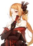  1girl ;) bare_shoulders black_gloves braid braided_bangs breasts brown_eyes choker cleavage commentary dress earrings elbow_gloves folded_fan folding_fan gloves hair_ornament hand_fan highres holding holding_fan jewelry long_hair looking_at_viewer medium_breasts necklace one_eye_closed orange_hair ponytail priscilla_barielle re:zero_kara_hajimeru_isekai_seikatsu red_dress simple_background sketch smile solo striped_clothes striped_dress untranslatable_commentary upper_body very_long_hair white_background ybst567 