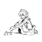  1girl apron back_bow barefoot blush bow chenwei_jun chinese_commentary commentary_request dated dress from_side greyscale highres izayoi_sakuya jitome knees_up light_frown maid_apron maid_headdress monochrome short_hair sideways_glance sitting sketch solo touhou white_background 