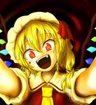  ascot blonde_hair blood bow fang flandre_scarlet hat head_tilt highres open_mouth red_eyes serufu_(deja) short_hair side_ponytail solo touhou vampire wings 