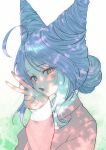  1girl ahoge blue_eyes blush choigoli commentary_request cone_hair_bun dappled_sunlight fang hair_bun hair_up hand_up heterochromia korean_commentary long_sleeves looking_at_viewer looking_to_the_side multicolored_hair open_mouth orange_eyes pink_shirt purple_hair red_pupils shirt sideways_glance solo stellive streaked_hair sunlight tenko_shibuki triple_bun upper_body v virtual_youtuber white_streaks yellow_pupils 