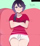  >:( 1girl absurdres alternate_breast_size_(smaller) artist_name bambietta_basterbine black_eyes black_hair bleach bleach:_sennen_kessen-hen breasts casual closed_mouth clothes_writing commentary couch cowboy_shot crossed_arms english_text frown green_background hair_between_eyes highres long_hair looking_at_viewer low_ponytail no_eyewear on_couch ponytail red_shirt shirt short_sleeves shorts simple_background sitting small_breasts solo sweatdrop tk.nahee v-shaped_eyebrows white_shorts wide-eyed 