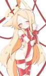  1girl absurdres animal_ear_fluff animal_ears blonde_hair blue_archive blush bound bound_legs bound_wrists commentary_request flat_chest flower forehead fox_ears fox_girl fox_tail hair_flower hair_ornament halo highres long_hair naked_ribbon parted_lips partial_commentary pink_eyes restrained ribbon seia_(blue_archive) solo sonn_er tail very_long_hair white_flower yellow_halo 