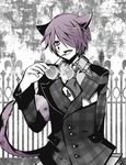  1boy alice_in_wonderland animal_ears boris_airay cat_ears cat_tail cheshire_cat chesiar_cat coat cosplay gate glasses heart_no_kuni_no_alice licking male_focus necktie peter_white peter_white_(cosplay) purple_hair smile solo tail tongue 