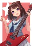 1girl absurdres bang_dream! blue_neckerchief blue_shirt blush breasts brown_hair commentary cone_hair_bun cowboy_shot double_bun electric_guitar guitar hair_bun hair_ears hanasakigawa_school_uniform highres holding holding_guitar holding_instrument holding_plectrum instrument looking_at_viewer medium_hair minato_yu neckerchief open_mouth pleated_skirt plectrum purple_eyes red_background sailor_collar school_uniform serafuku shirt short_sleeves skirt small_breasts smile solo star_(symbol) star_symbol_background summer_uniform teeth toyama_kasumi upper_teeth_only w_arms white_sailor_collar white_skirt 