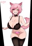 1girl aki_(akitakatsuya) animal_ear_piercing animal_ears black_bra black_collar black_sclera black_thighhighs bottomless bra breasts cat_ears cat_girl cat_tail cleavage collar colored_sclera commission cowboy_shot facial_mark final_fantasy final_fantasy_xiv heterochromia highres huge_breasts lewd_dimension looking_at_viewer motion_lines pink_hair pubic_tattoo purple_eyes red_eyes short_hair smile solo tail tattoo thighhighs uncensored underwear whisker_markings 