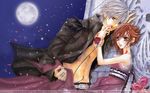  blood brown_eyes brown_hair dress gray_hair kiryu_zero moon night petals rose scenic short_hair sky vampire_knight violet_eyes yuuki_cross 