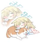  1girl aged_down animal_ears blanket blonde_hair blue_archive cheek_squash chibi closed_eyes commentary dog dog_ears dog_girl ears_down fang fluffy_hair halo highres kanna_(blue_archive) long_hair pajamas sleeping teeth yosik 