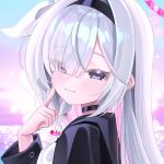  1girl :3 absurdres black_choker black_coat black_eyes black_hairband black_sailor_collar black_serafuku black_skirt blue_archive braid choker coat colored_inner_hair commentary desk dot_nose eyes_visible_through_hair finger_to_cheek from_side grey_hair hairband halo highres index_finger_raised long_hair long_sleeves looking_at_viewer multicolored_hair neckerchief pink_hair plana_(blue_archive) qiye_jiexian red_halo red_pupils ribbon sailor_collar school_uniform serafuku skirt smug 