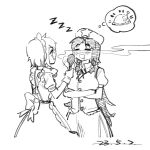  2girls apron blush chenwei_jun chicken_(food) chicken_leg chinese_commentary commentary_request dated dreaming drooling food greyscale hat hat_ornament highres hong_meiling izayoi_sakuya long_hair maid_apron maid_headdress monochrome mouth_drool multiple_girls shirt short_hair short_sleeves sketch skirt sleeping smell speech_bubble star_(symbol) star_hat_ornament thought_bubble touhou zzz 