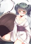  1girl black_sash blush bucket closed_mouth commentary_request feet_out_of_frame flat_chest frown green_eyes hair_bobbles hair_ornament highres japanese_clothes kanzakietc kimono kisume looking_at_viewer obi one-hour_drawing_challenge sash short_hair short_twintails sitting solo touhou twintails white_background white_kimono wooden_bucket 