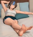 1girl :/ ankle_strap arm_behind_head armpits bare_arms bare_legs bare_shoulders barefoot black_hair black_nails blue_shorts blue_streaks breasts brown_eyes collarbone commentary_request covered_nipples crop_top crossed_legs dolphin_shorts earrings feet foot_focus foreshortening hair_between_eyes hand_in_own_hair highres indoors jewelry legs looking_at_viewer lying medium_breasts multicolored_hair nail_polish navel navel_piercing nihu on_bed original piercing presenting_foot shiragi_(nihu) short_hair short_shorts shorts single_hair_streak soles solo streaked_hair tank_top thighs toe_ring toenail_polish toenails toes toned toned_female white_tank_top 