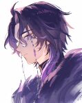  1boy black_fur black_hair black_shirt closed_mouth eyewear_strap from_side genshin_impact glasses gradient_hair grey-framed_eyewear highres looking_to_the_side male_focus misaki_(mskmmti) multicolored_hair pantalone_(genshin_impact) parted_lips portrait profile purple_eyes purple_hair shirt sideways_glance simple_background solo twitter_username white_background 