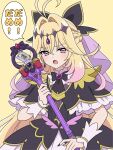  1girl antenna_hair black_bow black_capelet black_dress blonde_hair bow brooch capelet commentary_request cure_arcana_shadow diamond_hairband dress frilled_capelet frilled_cuffs frills gradient_hair hair_intakes heart heart_brooch highres holding holding_staff jewelry long_hair looking_at_viewer magical_girl meitantei_precure! moria_luluka multicolored_hair open_mouth precure purple_eyes purple_veil purple_wrist_cuffs ryuhirohumi simple_background solo speech_bubble staff tear_arcana_rod translation_request upper_body veil very_long_hair wrist_cuffs 