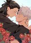  2boys adam's_apple black_nails black_shirt blue_eyes camellia earrings flower geto_suguru gojo_satoru grey_hair hair_bun hand_on_another's_neck hug imminent_kiss jewelry jujutsu_kaisen looking_at_another male_focus multiple_boys purple_eyes red_flower rizurin scar scar_on_face shirt yaoi 